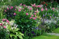 Parterre de fleurs dans le 'Jardin englouti' contenant du Dahlia, Hosta, Sisyrinchium, Pétunia, Campanule et Eryngium - Chenies Manor Gardens