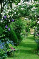 Chemin d'herbe avec siège en métal peint sous une arche couverte de roses - Les Jardins d ' Angélique, France