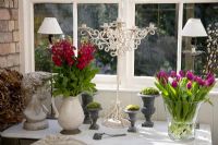 Table dans une véranda au printemps avec des stocks et des tulipes dans des vases
