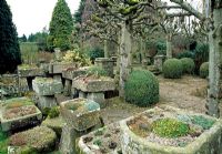 Le jardin troublé entouré de tilleuls noueux et de jardins de loisirs au-delà - Rodmarton Manor, Gloucestershire