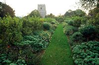 Promenade de l'église recouverte d'Antirrhinum 'Liberty Crimson', d'Argyranthemum 'Vanilla Ripple', de Pelargoniums et de Felicia - Cranborne Manor Garden, Cranborne, Dorset