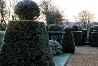 Succession d'ifs coupés, avec vue vers le bas dans le jardin de briques - Kingston Maurward Gardens, Dorchester, Dorset