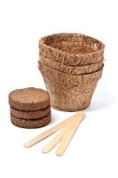 Pots de coco disques de compost et étiquettes boisées
