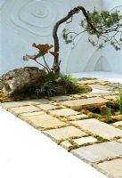Classique moderne, petit jardin japonais avec roche et pin bonsaï. La mousse croît entre les pavés mis en valeur par les murs et le sol blancs sculptés.