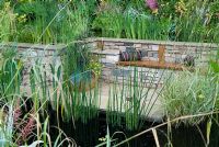 Coin salon en contrebas entouré par un étang avec une plantation marginale au monde du jardin d'eau - Hampton Court Flower Show 2008
