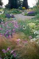 Parterre de fleurs vivace sec avec des chemins de gravier. La plantation comprend Stipa tenuissima, Centaurea, Tanacetum et Parthenium - Beth Chatto's garden, Elmstead, Essex