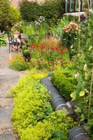 Bordure de brique et Alchemilla mollis en premier plan du jardin de banlieue