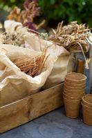Bulbes d'anémone, de jacinthe, de narcisse et de muscari triés dans des sacs en papier brun pour le stockage