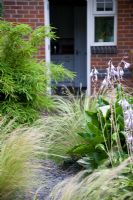 Chemin d'ardoise à travers Stipa tennuissima jusqu'à la porte arrière