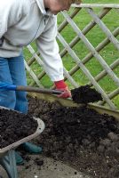 Femme ajoutant un riche compost organique à un parterre d'argile lourde fraîchement creusé