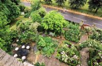 Vue aérienne montrant le jardin à la française en face de la maison avec des allées et des parterres de fleurs avec une plantation mixte dense, des bordures de boîte et de nombreuses pergolas couvertes de roses - New Square, Cambridge
