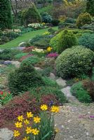 Jardin de bruyère et de conifères de printemps. Paillettes de chiffon, Dorset, UK
