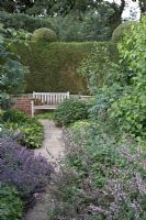 Chemin menant à un banc en bois bordé de plantations molles de Nepeta, Geranium, Salvias, Hostas et roses. Banc soutenu par un muret et une haie d'ifs taillés - Hatfield House, Hertfordshire