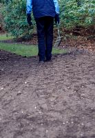 En commençant par le sol préparé, fouler et ratisser la surface à plusieurs reprises pour s'assurer qu'elle est ferme et au bon niveau pour la nouvelle pelouse