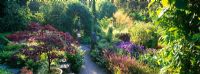 Un chemin mène à travers les vivaces, les herbes, les arbustes et les arbres dans le jardin à Pinsla Lodge, Cornwall