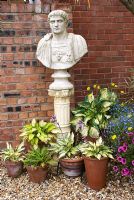 Statue de buste romaine classique sur socle et divers pots en terre cuite avec Hosta. Meadow Ave, Southport, Lancashire. Ouverture du jardin pour le programme des jardins nationaux