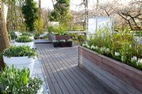 Terrasse en bois avec des pots de printemps mixtes d'Anémone blanda 'White Splendor' et Hyacinthus