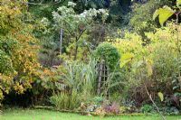 Obélisque en bois comme point focal, Spartina pectinata 'Aureomrginata', Sorbus et Mespilus germanica en parterre de fleurs mélangé - The Old Sun House, Wymondham, Norfolk, NGS