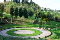 Cercles concentriques de gravier et surfaces gazonnées. Le champ. Il Bosco Della Ragnaia, San Giovanni D ' Asso, Toscane, Italie, octobre.