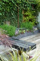 Petit jardin urbain avec banc en bois, terrasse en bois, parterre de fleurs surélevé et mur de gabions de soutènement - Highgate, Londres