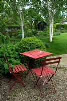 Table et chaises de style café dans un jardin ombragé isolé, plantation d'arbres Betula - La Maison Blanche, Keyworth, Nottinghamshire