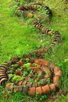 Pots en terre cuite forment un serpent sur la pelouse - Pinsla Garden, Cardinham, Cornwall