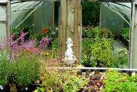 Les plantes dans la zone de vente de la pépinière sont entrecoupées de figures sculpturales, de plaques et de meubles - Pinsla Garden, Cardinham, Cornwall