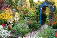 Le jardin englouti comprend un mélange dynamique de vivaces colorées, notamment des Rudbeckias, des Eryngiums, des Kniphofias, des Crocosmias et des Echinacea. Poppy Cottage Garden, péninsule de Roseland, Cornwall, UK