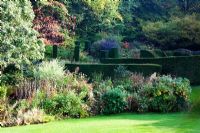 Le parterre de fleurs du croissant - Eupatorium purpureum, Miscanthus, Persicaria, Stipa gigantea, Berberis et Rosa rugosa. Vue sur les jardins d'If et Vitis coignetiae poussant à travers les arbres à l'orée du bois. Taxus tronqués - couvertures d'if. Sorbus hupehensis à gauche - Veddw House Garden, Monmoutshire, Pays de Galles. Octobre 2010