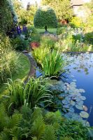 Jardin d'été, grand étang formel entouré de plantations informelles - The Corner House, Wiltshire.