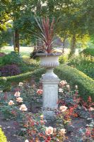 Urne sur socle au centre de Buxus - Parterre de fleurs bordé de Rosa 'Just Joey' - Jardin Lipkje Schat