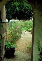 Chemin menant à travers la porte de jardin voûtée. Chat sur le chemin. Plantation informelle avec utilisation de noisetier fendu higgledy et clôture de pêche. Pépinière Five Oaks, West Burton, West Sussex.