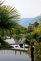Lacs reflétant des passerelles et des plantes vues dans les jardins botaniques du château de Trauttmansdorff à Merano, en Italie.
