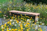 Banc en bois dans un jardin de fleurs sauvages - 'Un point dans le temps sauve neuf' - RHS Tatton Park Flower Show 2011