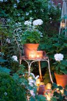 Photophore en verre allumant des géraniums blancs dans des pots dans un jardin blanc