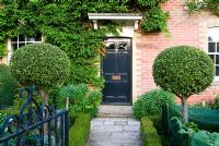 Façade en brique victorienne sur la maison C18, avec porte noire encadrée par des Pittosporums standard et des parterres de fleurs formels bordés de bas Buxus - Boîte de couverture - Ile de Wight, Royaume-Uni