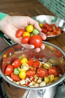 Faire un chutney de tomates mixtes fait maison - mettre les ingrédients dans une casserole