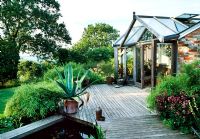 Terrasse en bois avec piscine, Agave americana en pot et salle de jardin derrière - The Fovant Hut, Wiltshire
