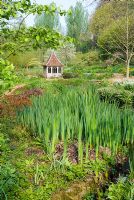 Jardin de tourbière au début du printemps avec maison d'été dans la vallée - le vieux presbytère, Netherbury, Dorset NGS