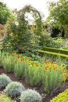 Jardin d'herbes formel. Les plantes comprennent Tropaelum majus, Rosmarinus et Lavandula dans des plates-bandes bordées de fleurs - Huys en Hof