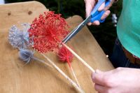 Décorations pour arbres de Noël faites maison - Pulvérisation de têtes de semences avec de la peinture en aérosol argentée et rouge