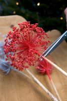 Décorations pour arbres de Noël faites maison - Pulvérisation de têtes de semences avec de la peinture en aérosol rouge