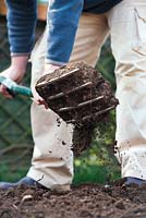 Jardinier creusant, retournant et aérant le sol dans un potager avec une fourche de jardin