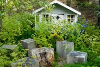 Eryngium x giganteum auto-ensemencé et Ligusticum lucidum frame wendy house et cubes en bois qui servent de sièges ou de tables - Yews Farm, Martock, Somerset, UK