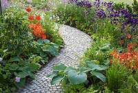 Chemin de pierre pavé entre les parterres de Aquilegia vulgaris 'Munstead White', Aquilegia vulgaris var. stellata 'Blue Barlow', Amsonia tabernaemontana var. salicifolia, Nepeta, Geum, Salvia et fougères