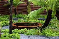 Le jardin World Vision avec une pièce d'eau centrale pour la piscine. Plantation verdoyante de fougères arborescentes. Les autres plantes comprennent Lupinus mutabilis, Geum 'Borisii', Iris sibirica et Aconitum 'Ivorine '.