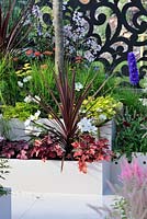 Cordyline Torbay rouge avec Heuchera Caramel et Plum Pudding dans des jardinières en céramique. Jardin du Musée russe.Hampton Court Palace Flower show 2012