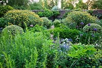 Le jardin d'herbes clos de murs présente des monticules audacieux de Phlomis fruticosa, une boîte panachée et des masses d'herbes, y compris l'estragon russe, la tanaisie, l'angélique, la moine, avec des alliums en fleurs et des aquilèges parsemés parmi eux. Ferme Beechenwood, Odiham, Hants, Royaume-Uni