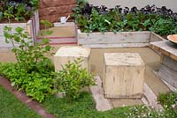 Bordures de légumes surélevées, arbustes à fruits et sièges et table cubiques en bois de base dans le jardin 'Growing Together', RHS Tatton Flower Show 2012