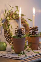 Bougies avec supports en terre cuite décorées de pommes de pin et de mousse